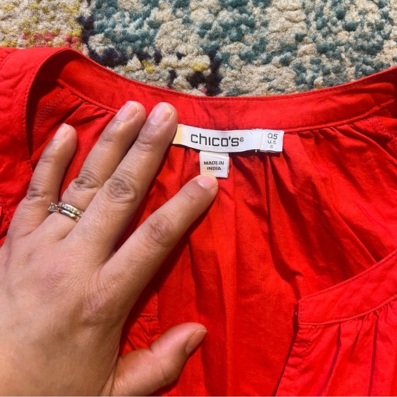 Chico’s POPLIN SHIRT SOLID PUFF SLEEVE TOP 3/4 Slv Fashion Top FLAME SCARLET - Picture 3 of 8